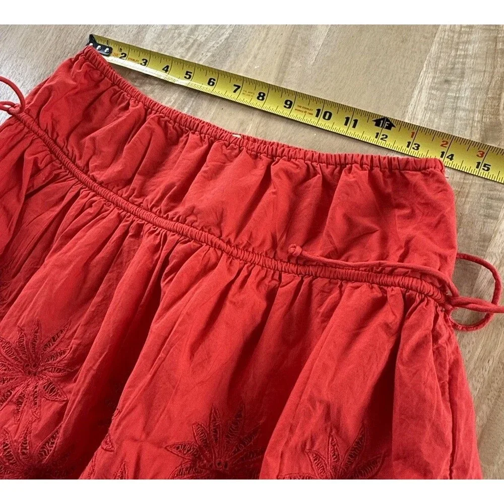 Free People Red Cotton Eyelet Mini Skirt Women Sz S Ruffle Tie Side Resort NWOT